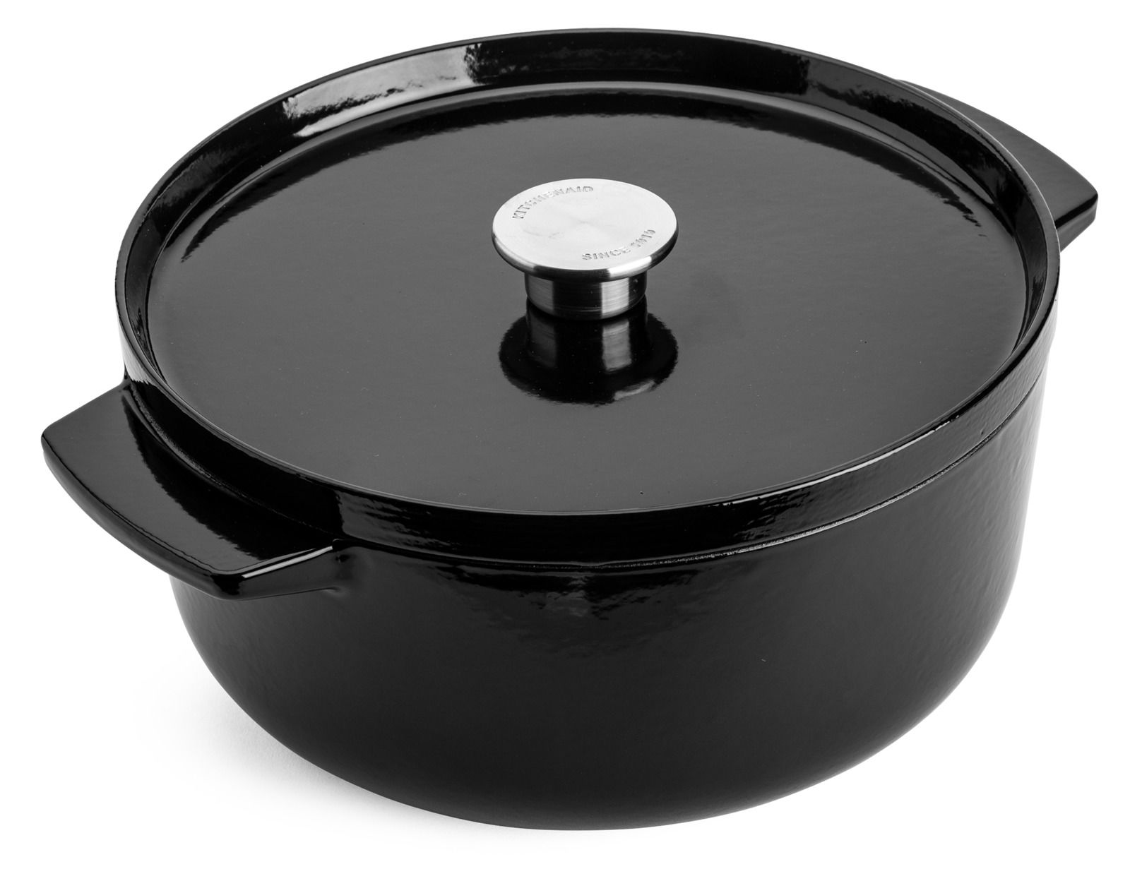 KitchenAid Bräter Schwarzer runder Gusseisen-Bräter mit Deckel, seitliche Perspektive