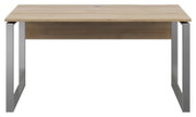 Moderner Schreibtisch mit Holzplatte und Metallbeinen, Frontalansicht