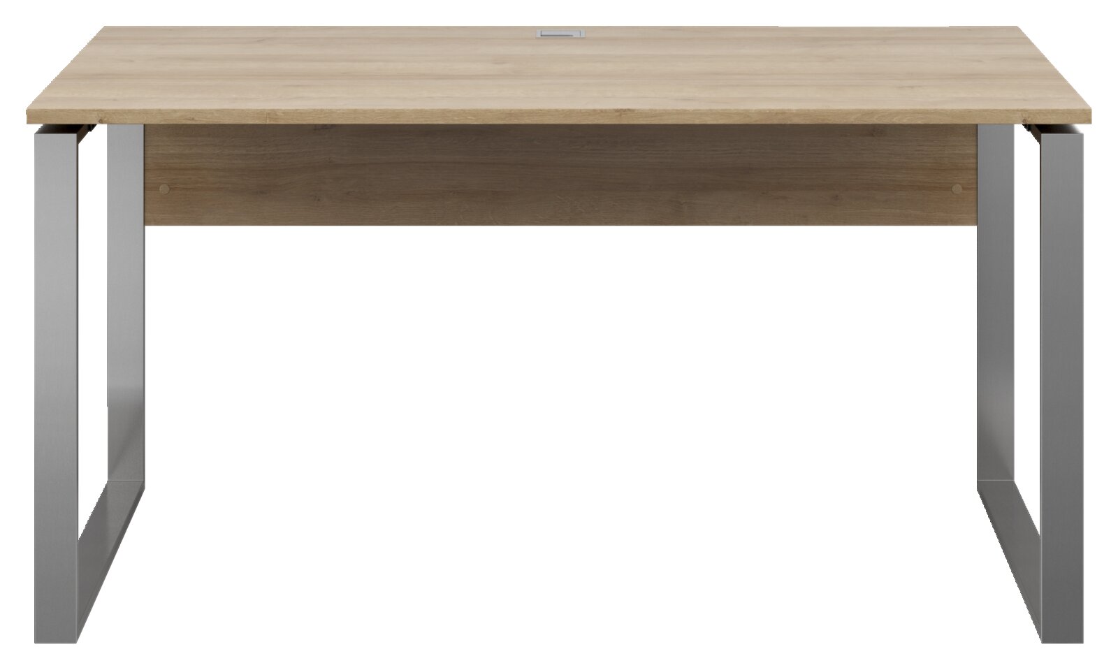 Moderner Schreibtisch mit Holzplatte und Metallbeinen, Frontalansicht