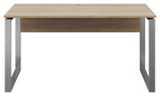 Moderner Schreibtisch mit Holzplatte und Metallbeinen, Frontalansicht