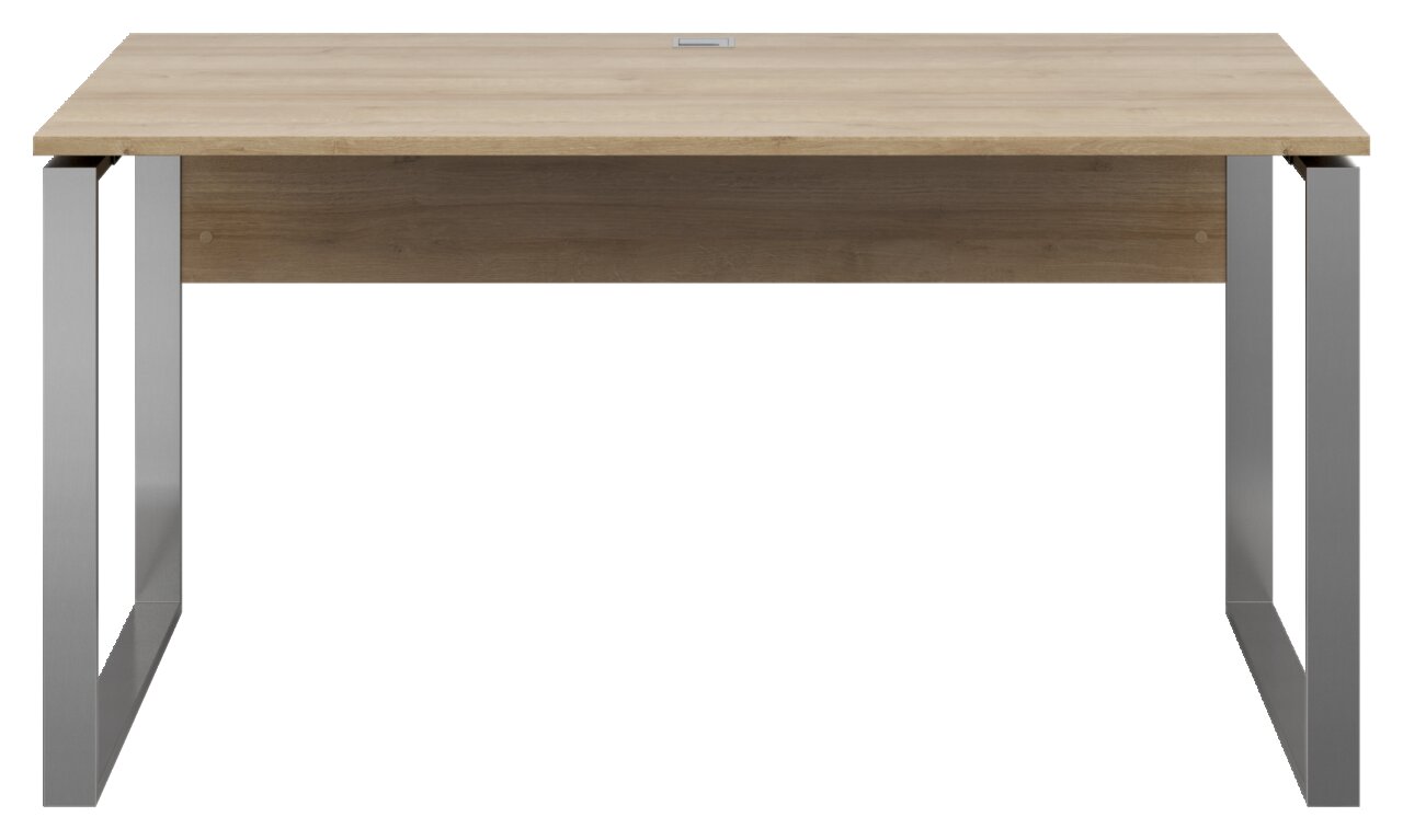 Moderner Schreibtisch mit Holzplatte und Metallbeinen, Frontalansicht