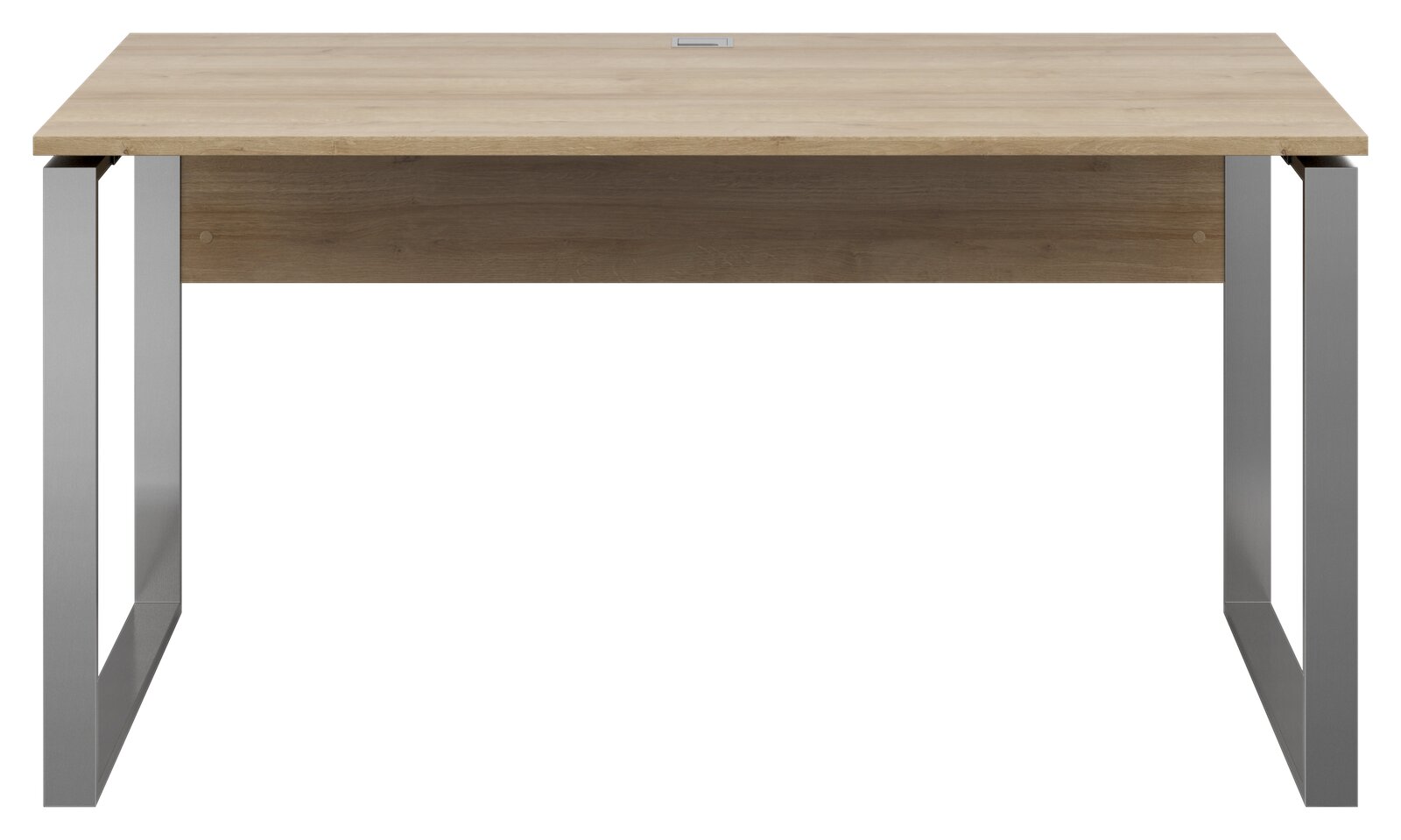 Moderner Schreibtisch mit Holzplatte und Metallbeinen, Frontalansicht