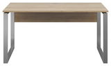 Moderner Schreibtisch mit Holzplatte und Metallbeinen, Frontalansicht