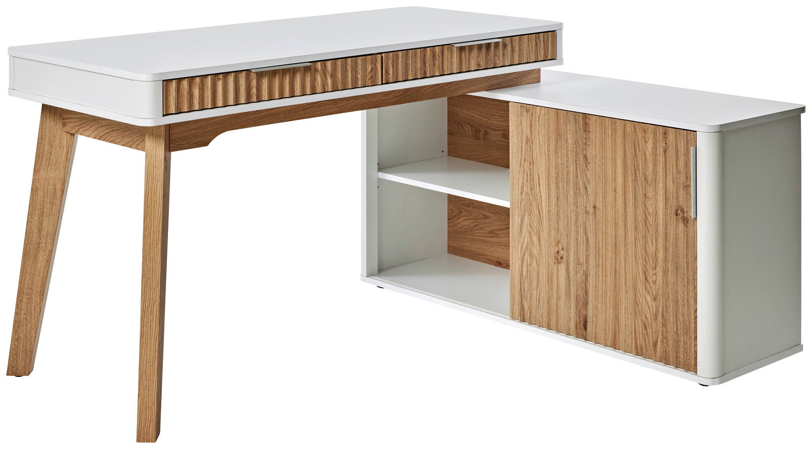 Novel Eck-Schreibtisch mit Anbau WAVE Moderner Eck-Schreibtisch mit Anbau in Holzoptik und weißen Elementen, seitliche Perspektive