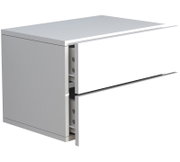 Weißer, moderner Schubladenschrank/Kommode mit zwei Schubladen und grauer Seitenwand, eine Schublade leicht geöffnet, Ansicht schräg von vorne links (Nahaufnahme).