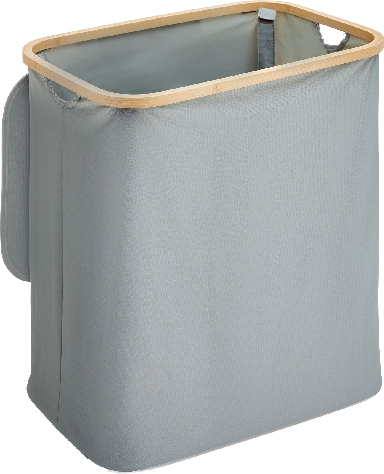 Grauer Wäschekorb aus Stoff mit Bambusrahmen und seitlichen Tragegriffen, schräg von vorne oben fotografiert