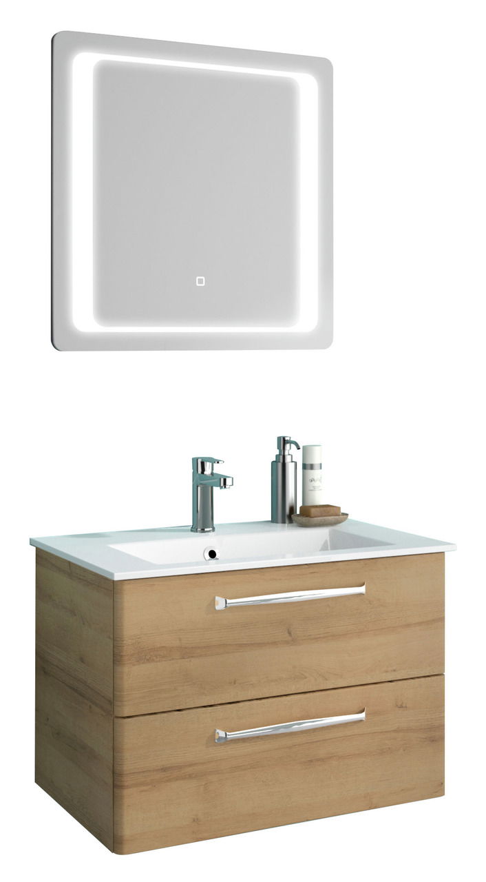 Moderner Badblock mit beleuchtetem Spiegel und Waschbeckenunterschrank aus Holz, Frontalansicht