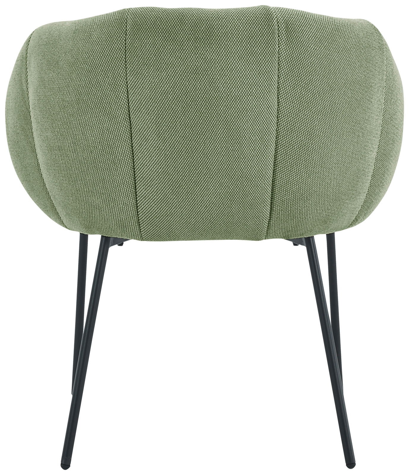 Rückansicht eines grünen Armlehnstuhls mit schwarzen Metallbeinen