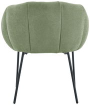 Rückansicht eines grünen Armlehnstuhls mit schwarzen Metallbeinen