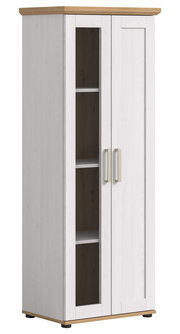 Weiße Vitrine mit Glastür und Holzdetails, seitliche Perspektive