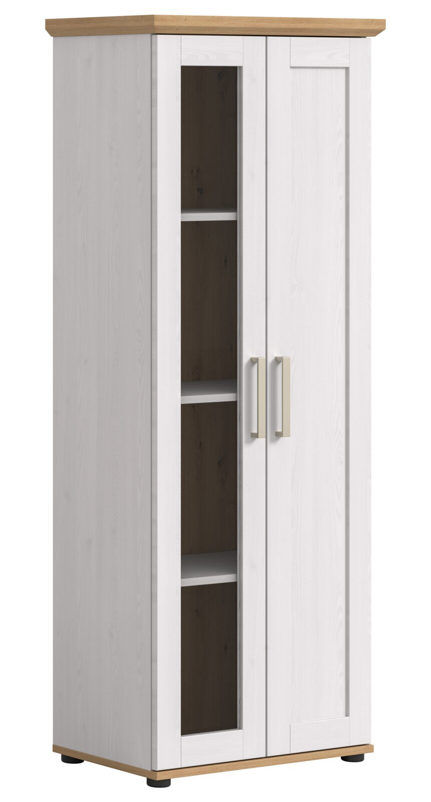 Weiße Vitrine mit Glastür und Holzdetails, seitliche Perspektive