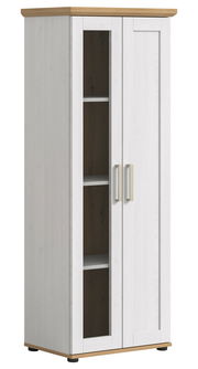 Weiße Vitrine mit Glastür und Holzdetails, seitliche Perspektive