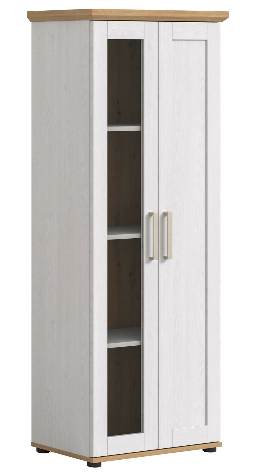 Weiße Vitrine mit Glastür und Holzdetails, seitliche Perspektive