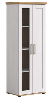 Weiße Vitrine mit Glastür und Holzdetails, seitliche Perspektive