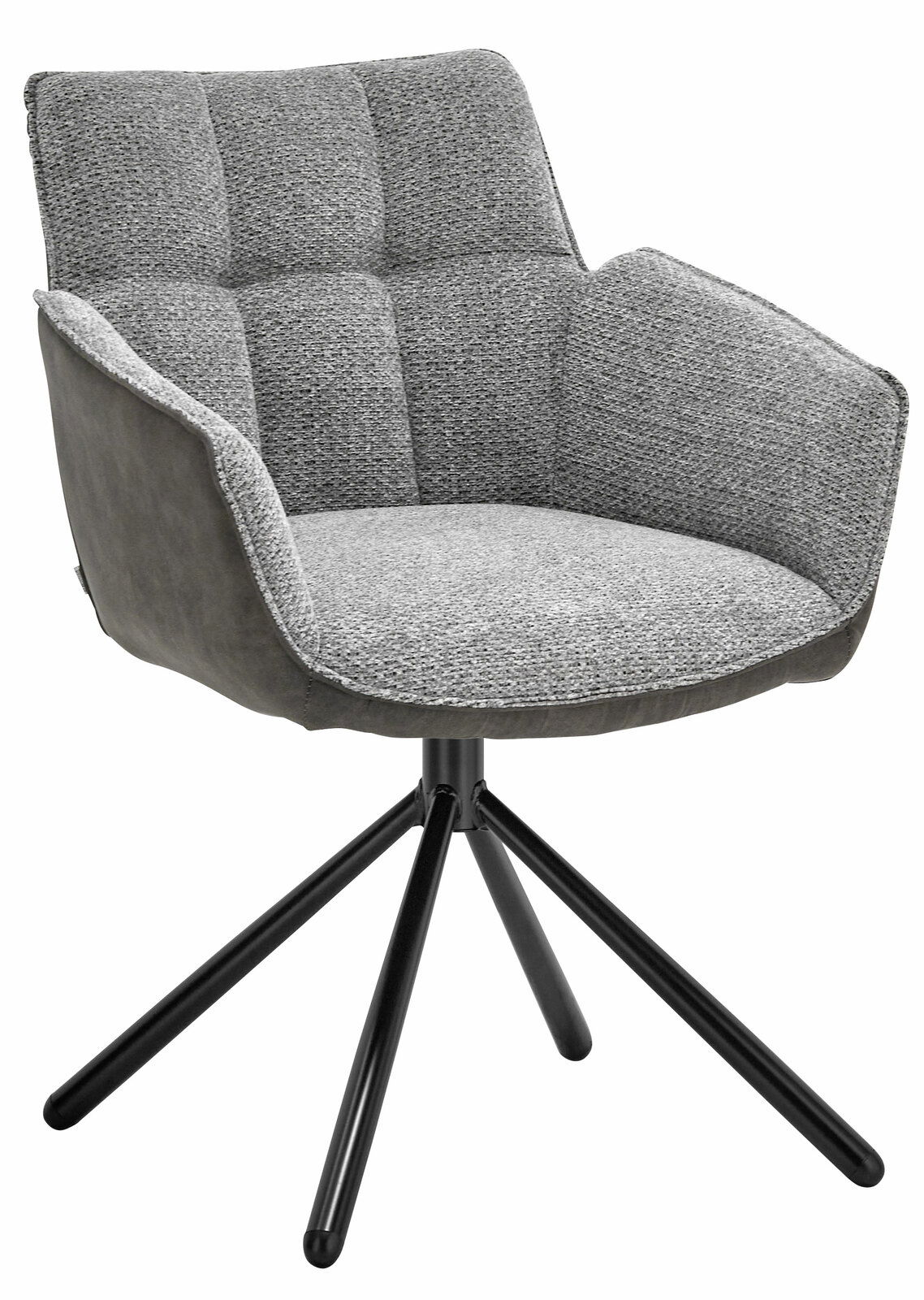 Grauer Armlehnstuhl mit gepolstertem Sitz und Rückenlehne, auf schwarzem Metallgestell, seitliche Perspektive