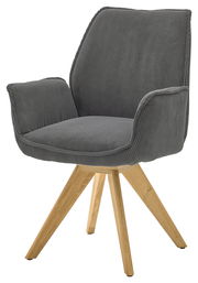 Grauer Armlehnstuhl mit Holzbeinen, seitliche Perspektive