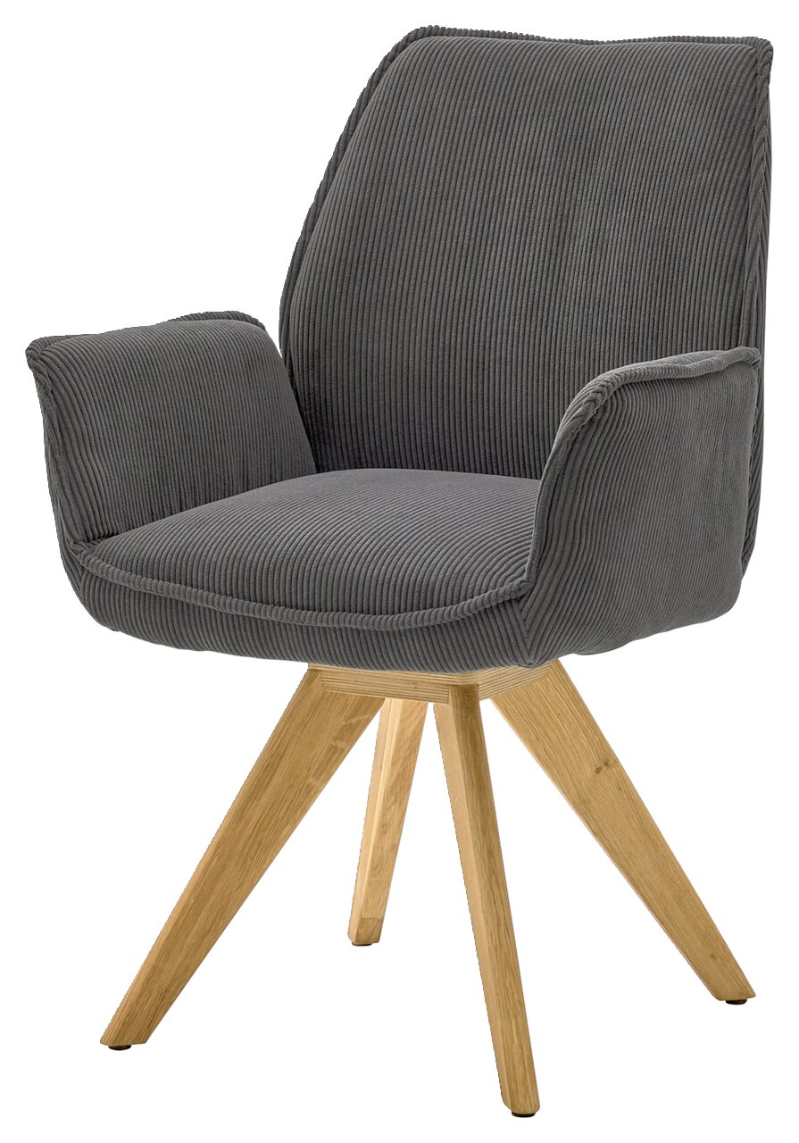 Grauer Armlehnstuhl mit Holzbeinen, seitliche Perspektive