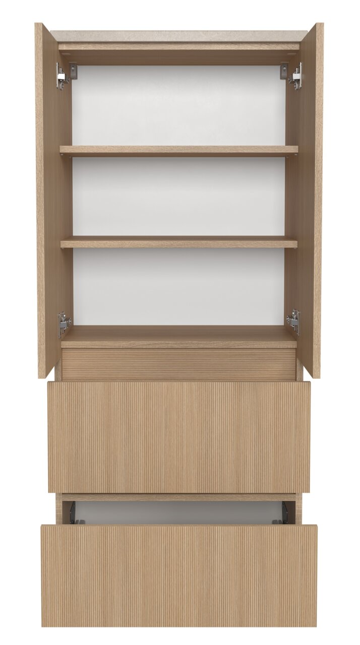 Midischrank 60 cm in Holzoptik mit offenen Türen und Schubladen, Frontalansicht