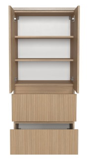 Midischrank 60 cm in Holzoptik mit offenen Türen und Schubladen, Frontalansicht
