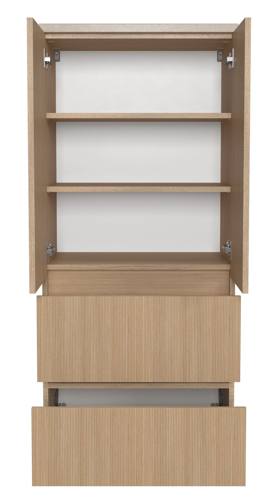 Midischrank 60 cm in Holzoptik mit offenen Türen und Schubladen, Frontalansicht