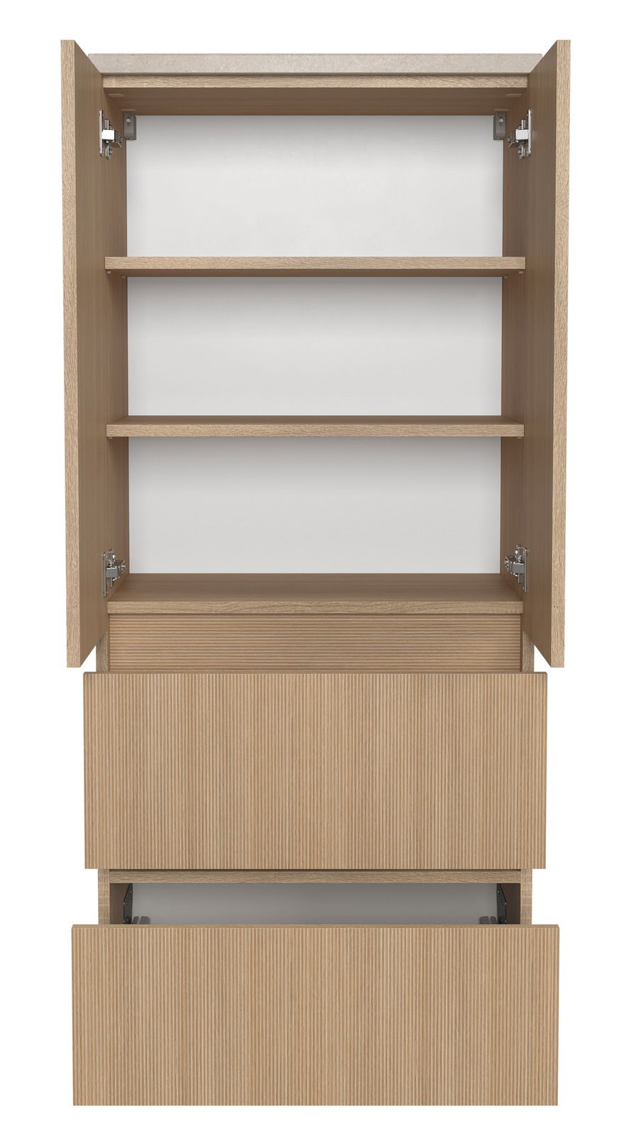 Midischrank 60 cm in Holzoptik mit offenen Türen und Schubladen, Frontalansicht