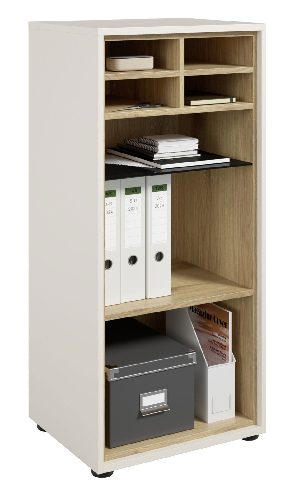 Aktenregal aus Holz mit mehreren Fächern, gefüllt mit Ordnern, Büchern und einer Aufbewahrungsbox, seitliche Perspektive