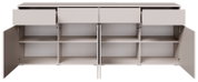 Modernes Sideboard in Hellgrau mit geöffneten Türen und Schubladen, Innenansicht mit mehreren Regalfächern, Frontansicht.