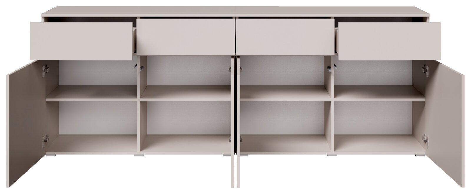 Modernes Sideboard in Hellgrau mit geöffneten Türen und Schubladen, Innenansicht mit mehreren Regalfächern, Frontansicht.