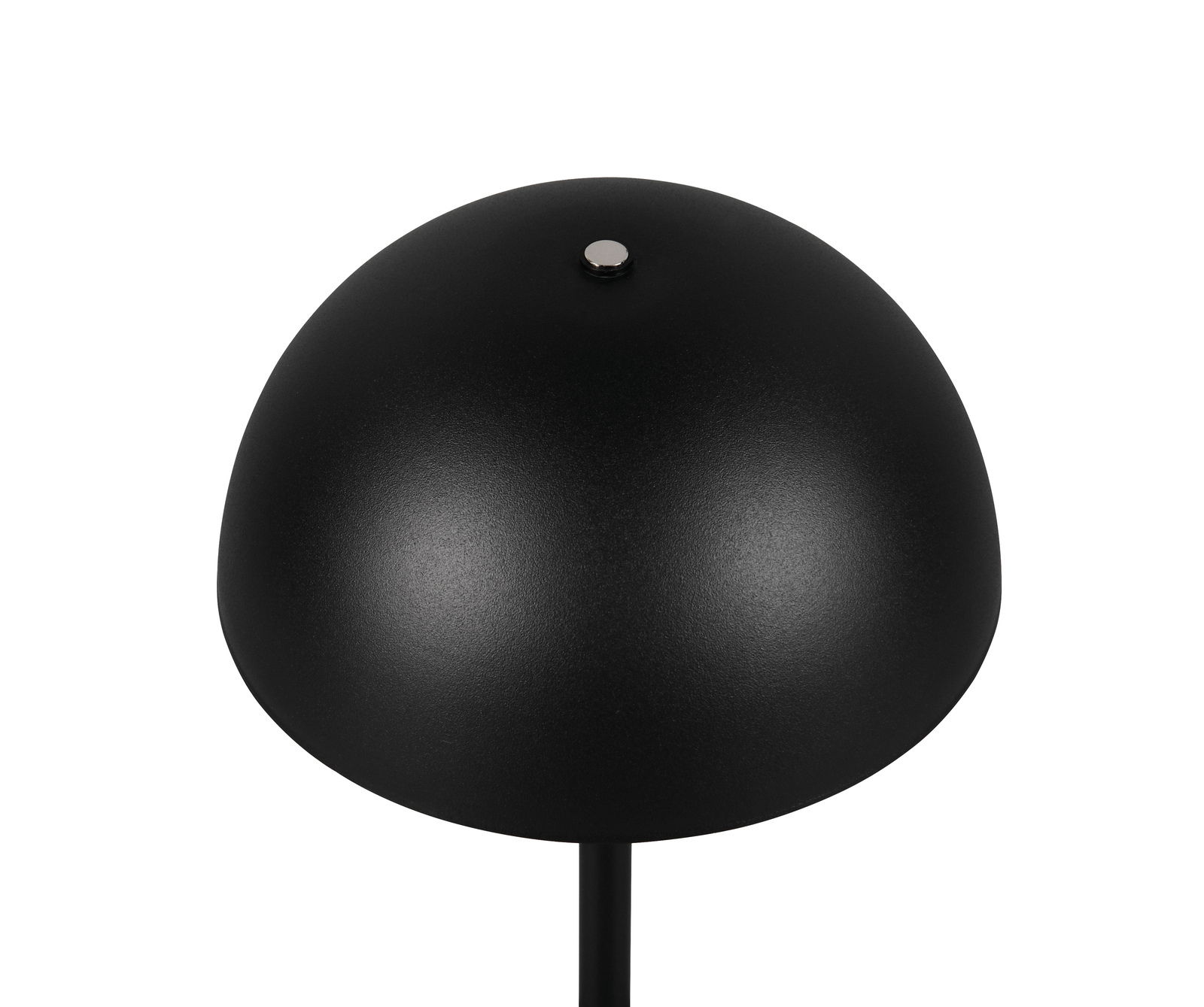 Schwarze Akku-Tischleuchte von oben betrachtet mit glatter, halbkugelförmiger Oberfläche.