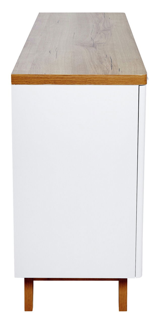 Seitenansicht eines modernen Sideboards mit weißer Oberfläche und Holzdetails.