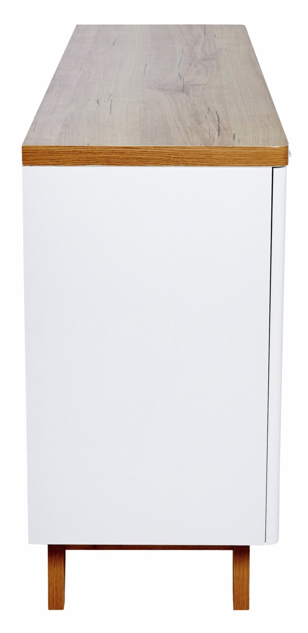 Zijaanzicht van een modern dressoir met een wit oppervlak en houten details.