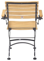 Rückansicht eines klappbaren Garten-Armlehnstuhls mit Holzlatten und Metallrahmen.
