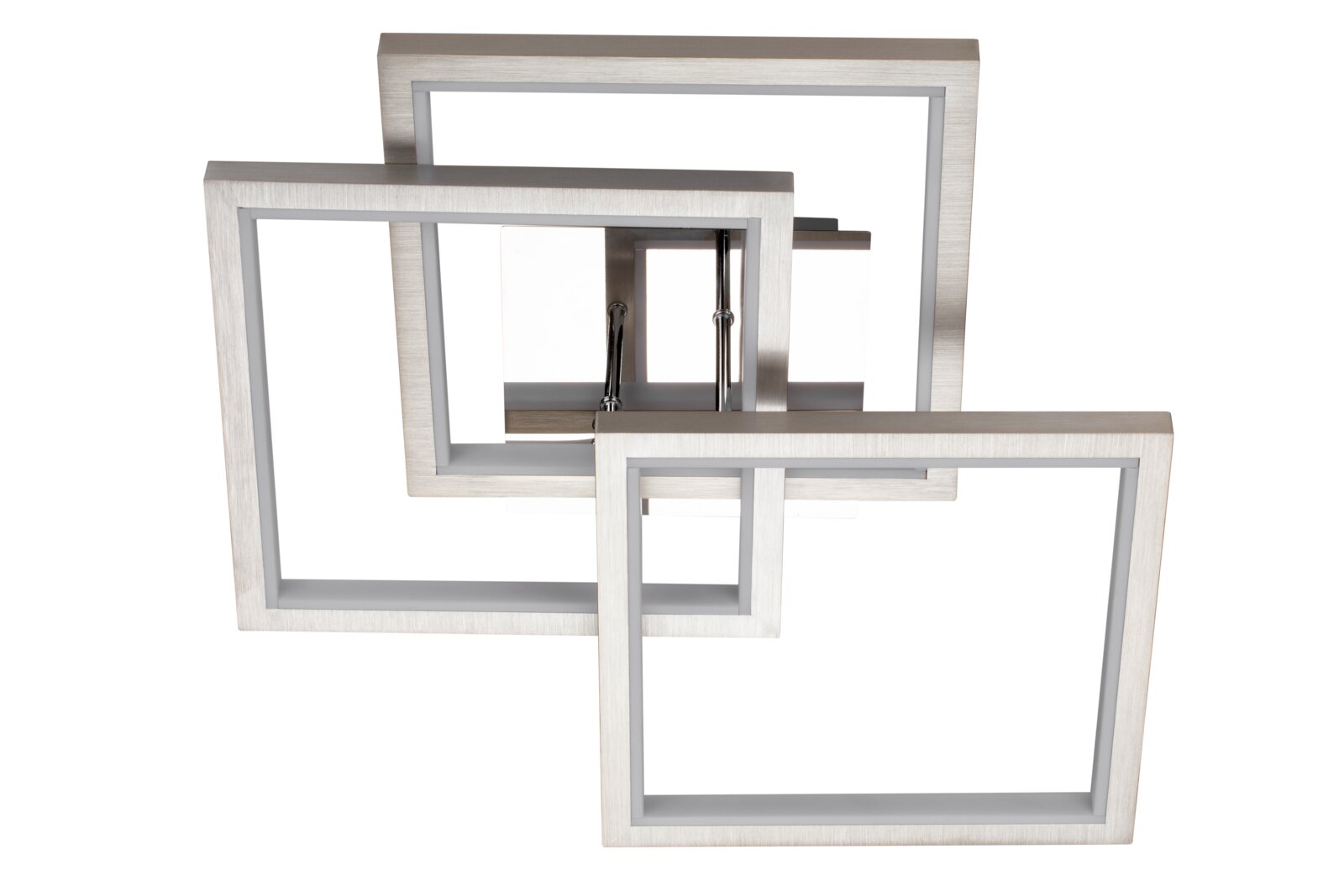 Moderne led-plafondlamp met meerdere rechthoekige frames in zilverkleurige afwerking, gezien van onderaf.