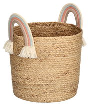 Aufbewahrungskorb aus geflochtenem Material mit zwei regenbogenfarbenen Griffen, Vorderansicht