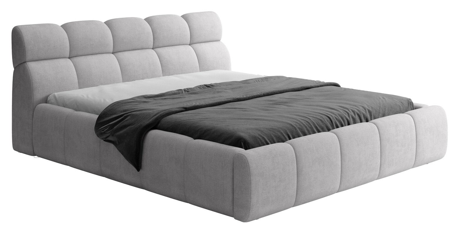 Graues Polsterbettgestell mit hohem, gepolstertem Kopfteil und moderner, gerundeter Form. Perspektive von schräg vorne.