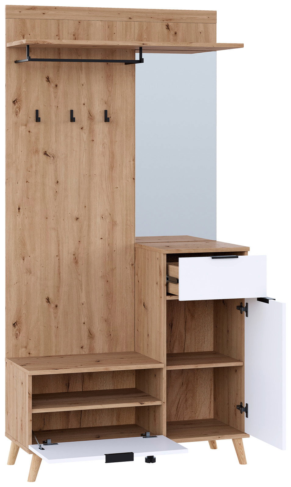 Kompaktgarderobe aus Holz mit Spiegel, mehreren Haken, offenen Regalen und Schubladen, frontal betrachtet.