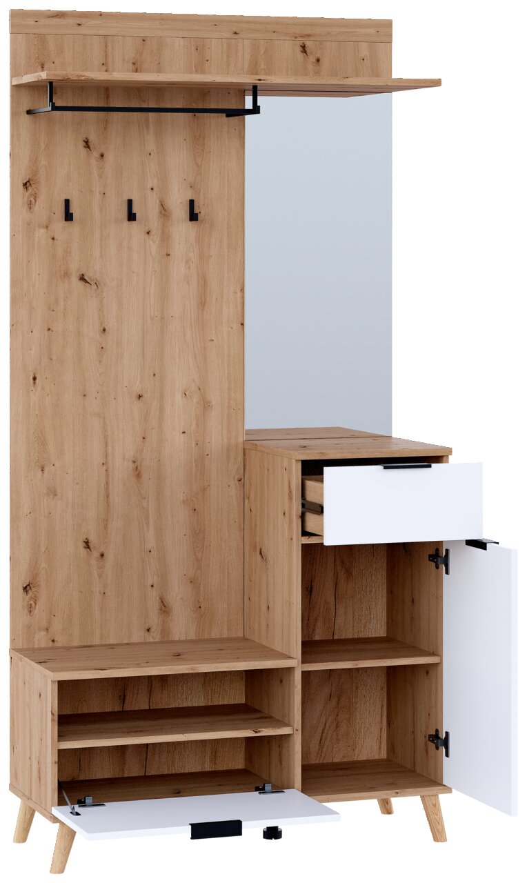 Kompaktgarderobe aus Holz mit Spiegel, mehreren Haken, offenen Regalen und Schubladen, frontal betrachtet.