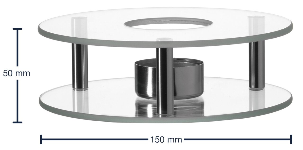 Stövchen Scaldino aus Glas und Metall, seitliche Perspektive, 150 mm Durchmesser, 50 mm Höhe