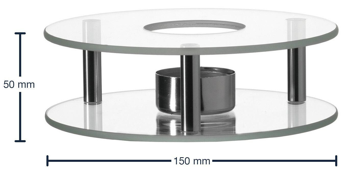 Stövchen Scaldino aus Glas und Metall, seitliche Perspektive, 150 mm Durchmesser, 50 mm Höhe