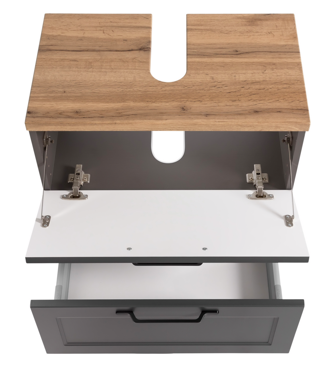 Waschbeckenunterschrank aus Holz mit geöffneter Klappe und Schublade, Ansicht von oben
