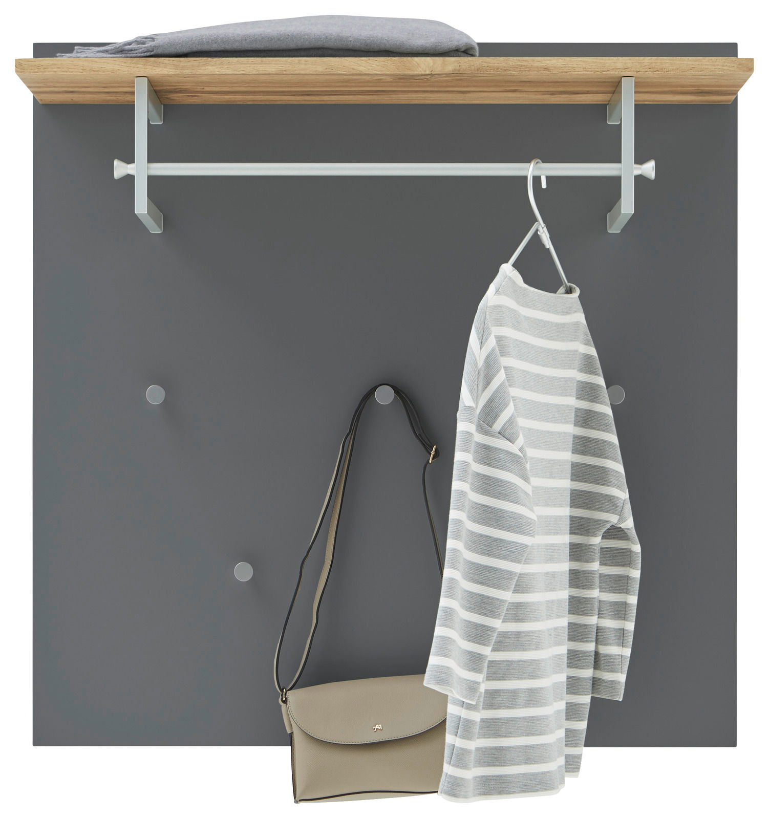 Dieter Knoll Garderobenpaneel breit CORTINA Garderobenpaneel in Frontalansicht mit grauer Rückwand, Holzablage oben, Kleiderstange mit aufgehängtem gestreiftem Pullover und Haken mit Handtasche.