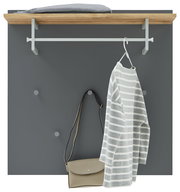 Garderobenpaneel in Frontalansicht mit grauer Rückwand, Holzablage oben, Kleiderstange mit aufgehängtem gestreiftem Pullover und Haken mit Handtasche.
