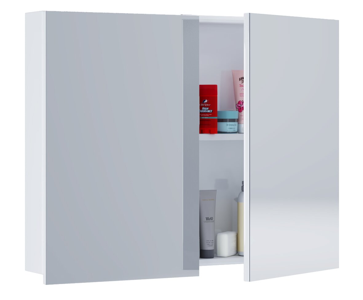 Weißer Spiegelschrank mit zwei teils geöffneten Türen und sichtbaren Ablagefächern mit Pflegeprodukten, Frontansicht leicht seitlich