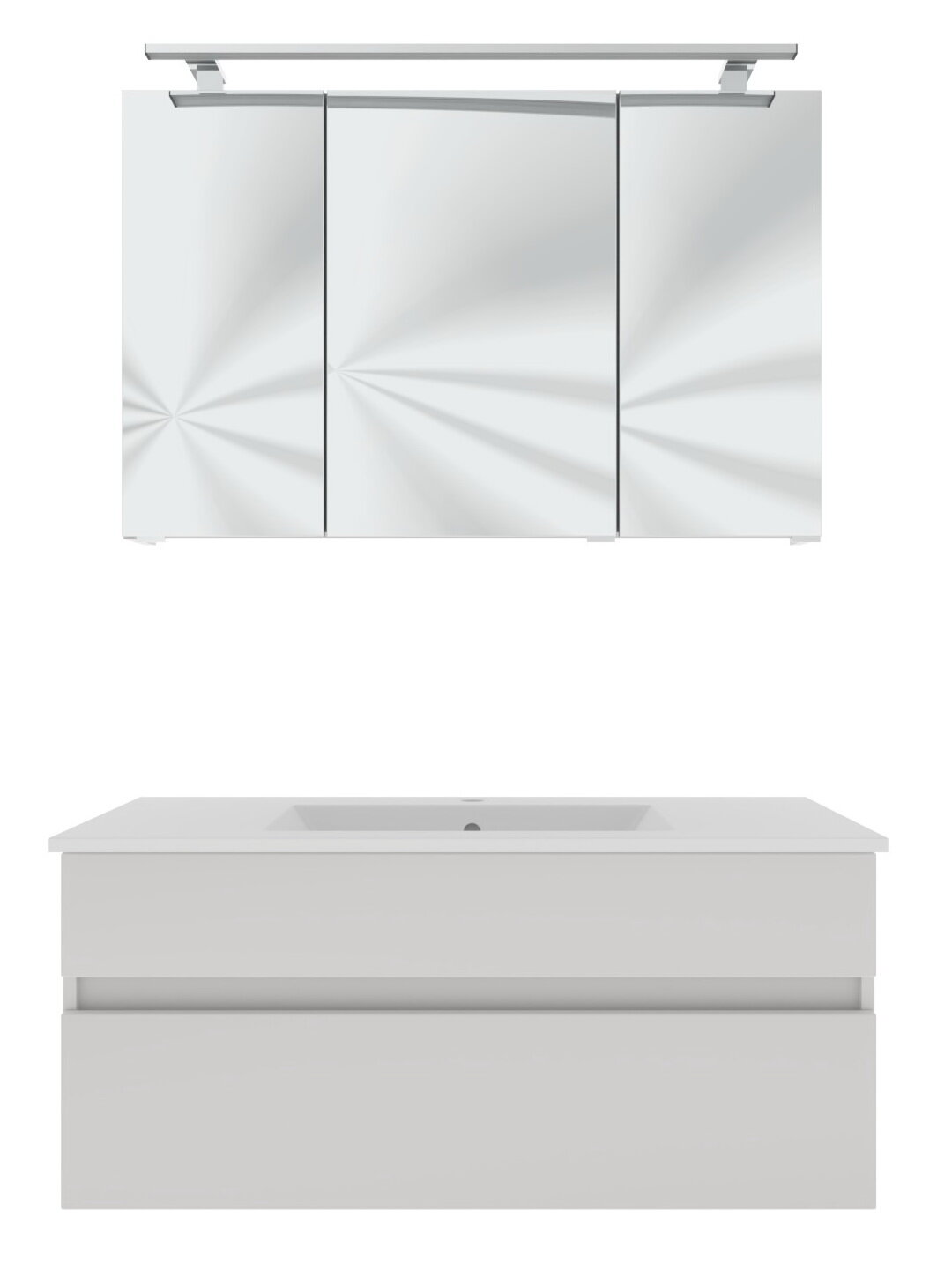 Moderner Badblock mit Spiegelschrank und Waschbeckenunterschrank, Frontalansicht