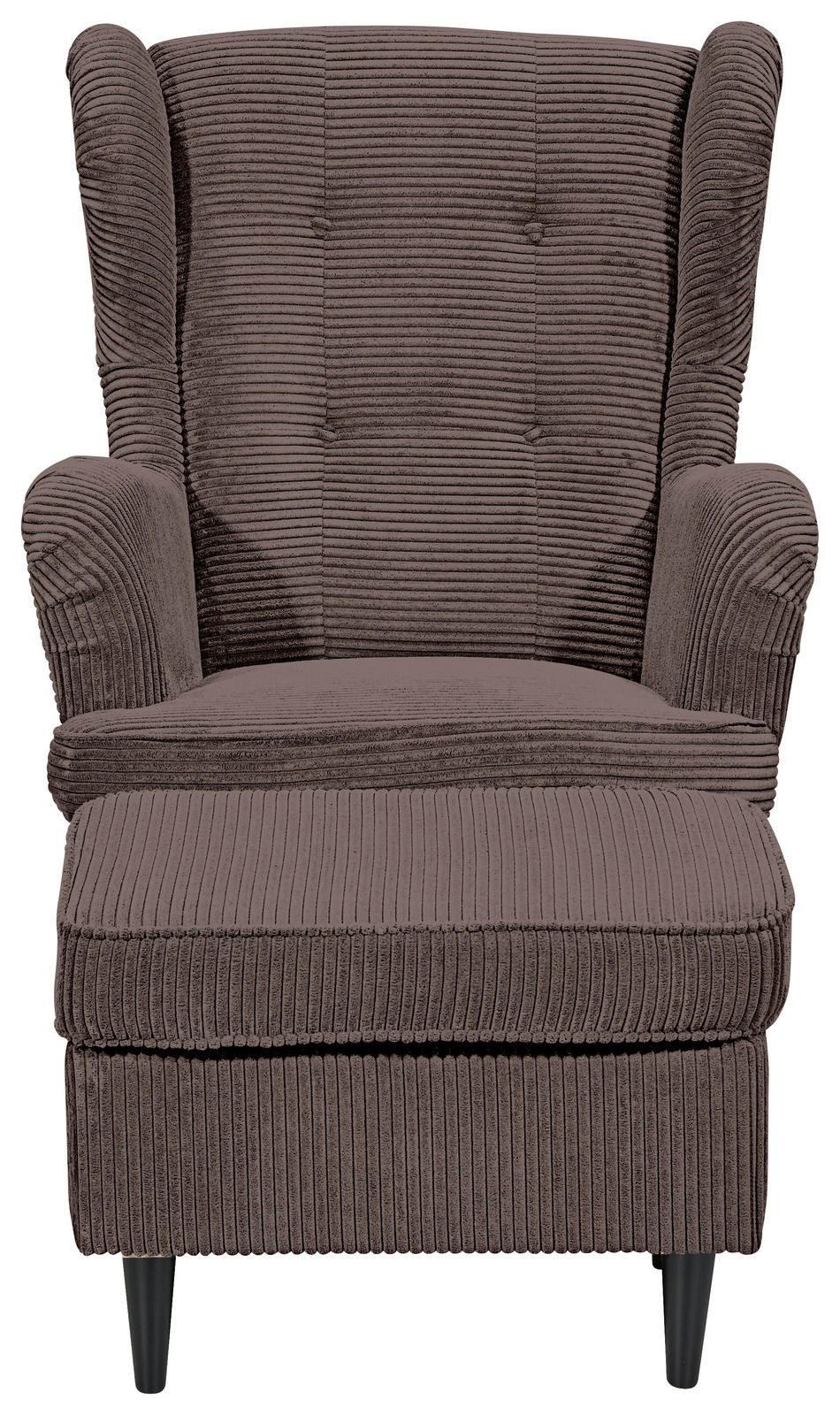 Frontale Ansicht eines braunen Sessels mit geripptem Stoffbezug und schwarzen Beinen.