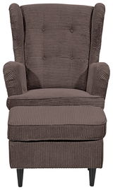 Frontale Ansicht eines braunen Sessels mit geripptem Stoffbezug und schwarzen Beinen.