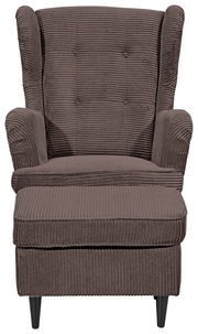 Frontale Ansicht eines braunen Sessels mit geripptem Stoffbezug und schwarzen Beinen.