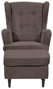 Frontale Ansicht eines braunen Sessels mit geripptem Stoffbezug und schwarzen Beinen.