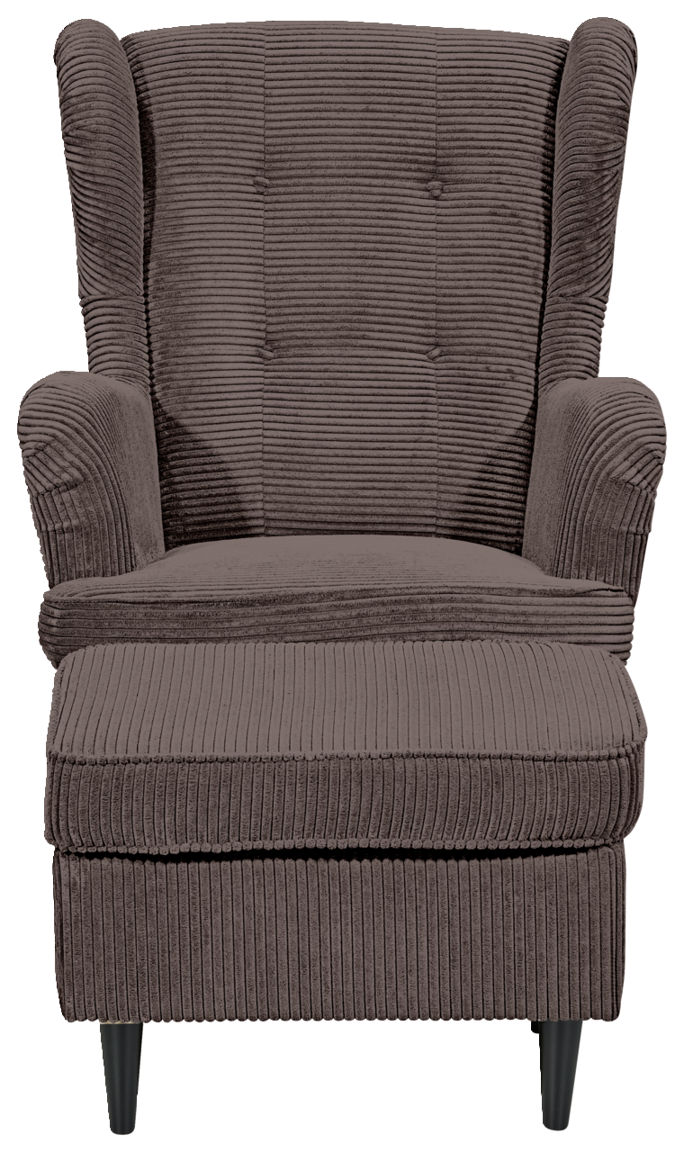 Frontale Ansicht eines braunen Sessels mit geripptem Stoffbezug und schwarzen Beinen.