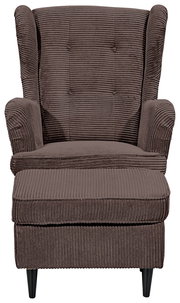 Frontale Ansicht eines braunen Sessels mit geripptem Stoffbezug und schwarzen Beinen.